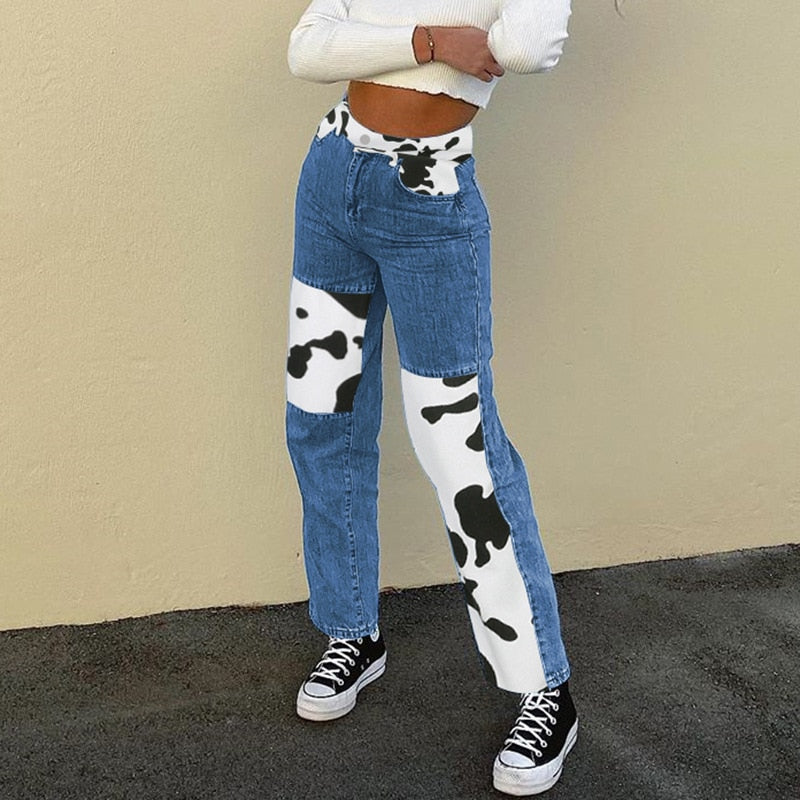 Dámské modré džíny American Cow Girl se vzorem kraví kůže – Golden Diva