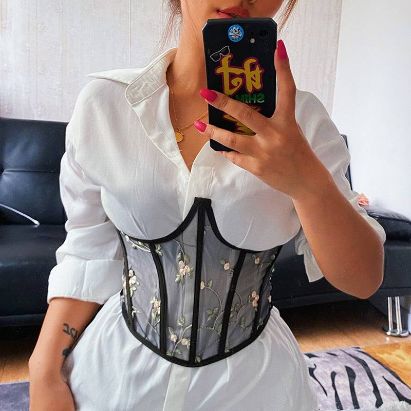 Dámský černý krajkový korzet Vintage Flower s výšivkou – Golden Diva