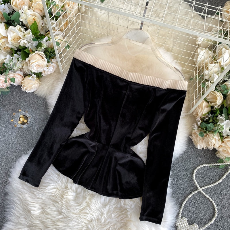 Dámská sametová halenka Velvet Dream s béžovou síťkou – Golden Diva