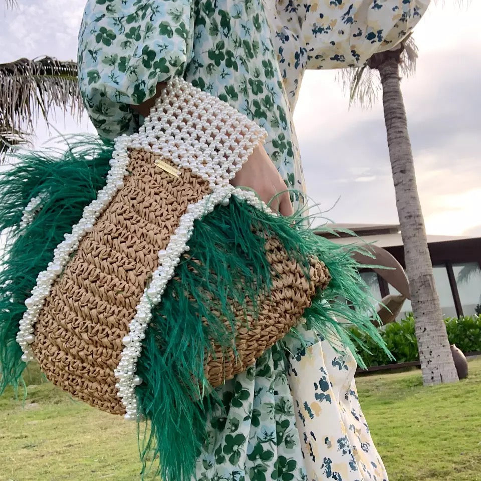 Plážová taška Emerald Feather se smaragdovým pštrosím peřím – Golden Diva
