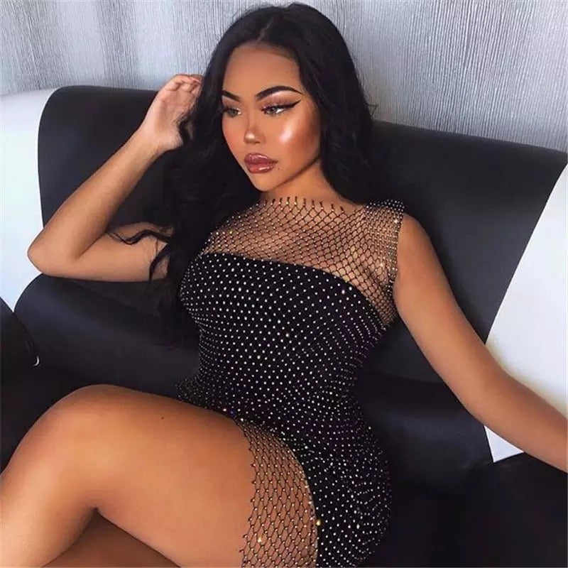 Dámské černé síťované šaty Diamond Web s krystaly – Golden Diva