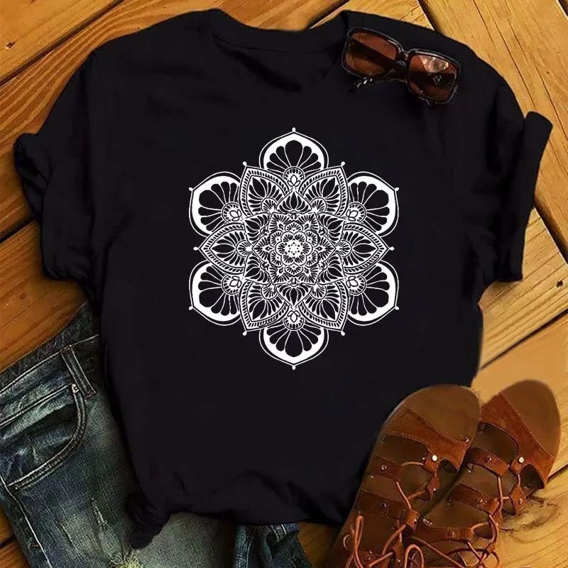 Dámské bílé tričko White Mandala s potiskem mandaly – Golden Diva