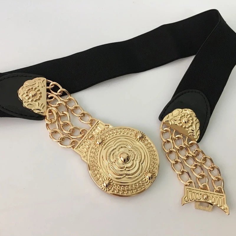 Dámský zlatý elastický opasek Linda Flower s květinovou sponou – Golden Diva