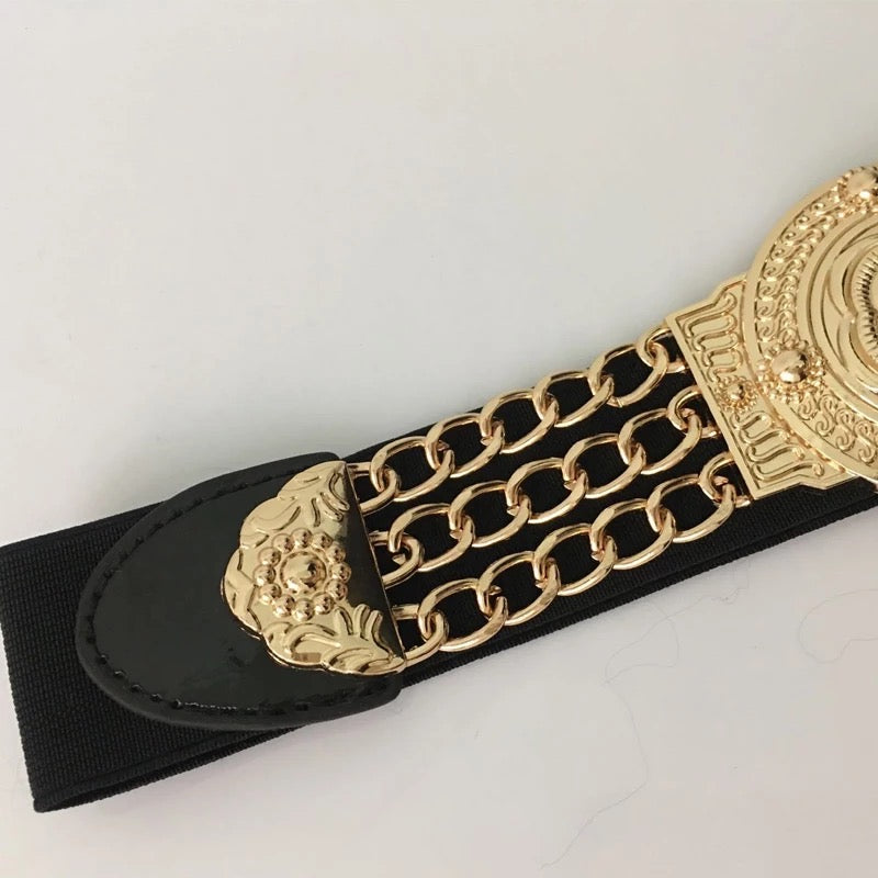 Dámský zlatý elastický opasek Linda Flower s květinovou sponou – Golden Diva