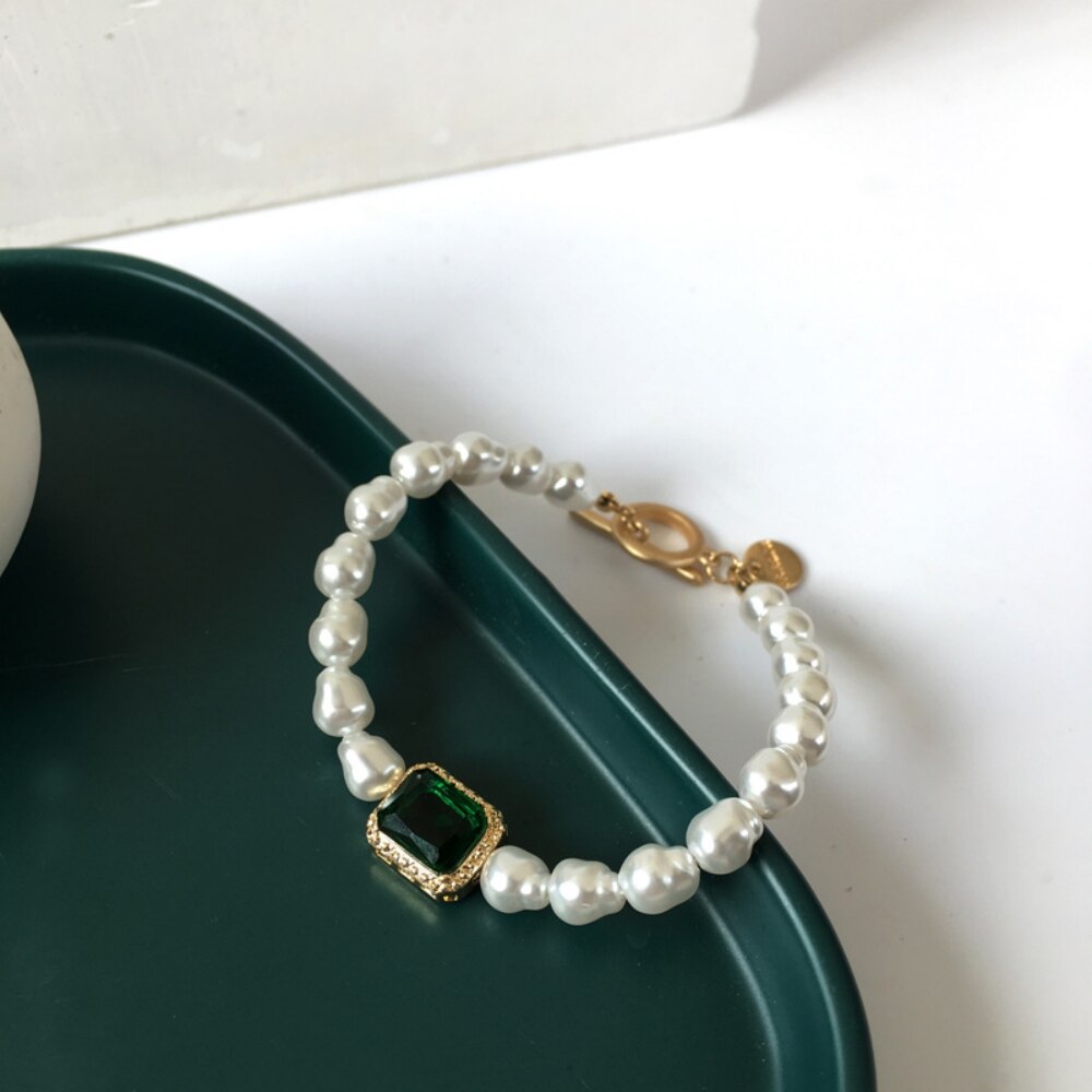 Dámský perlový náramek Green Eye s krystalem – Golden Diva