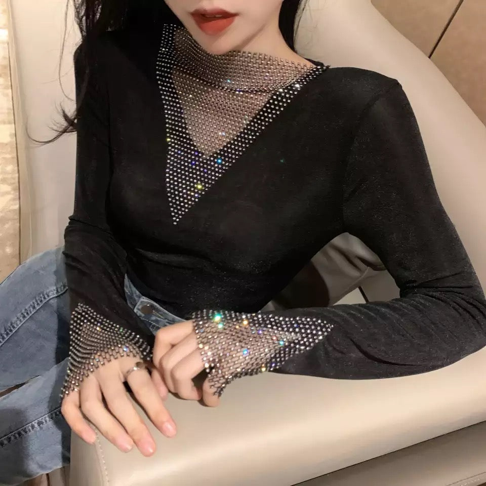 Dámská halenka Luxury Web černá s kamínky – Golden Diva
