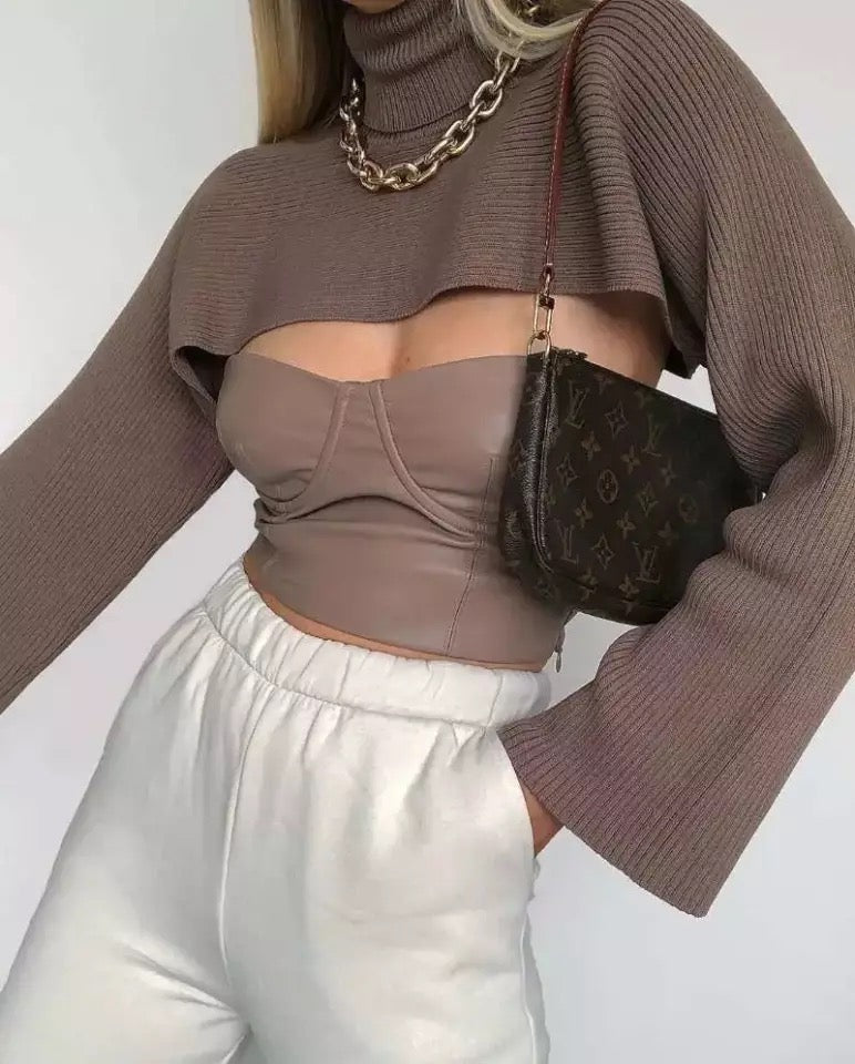 Dámský pletený crop rolák Coffee Top kávový – Golden Diva