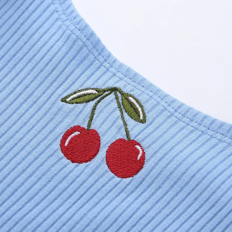 Dámské světle modré tílko Blue Cherries s třešněmi – Golden Diva