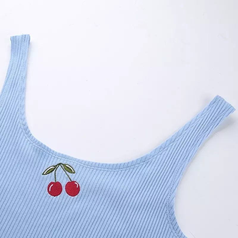 Dámské světle modré tílko Blue Cherries s třešněmi – Golden Diva